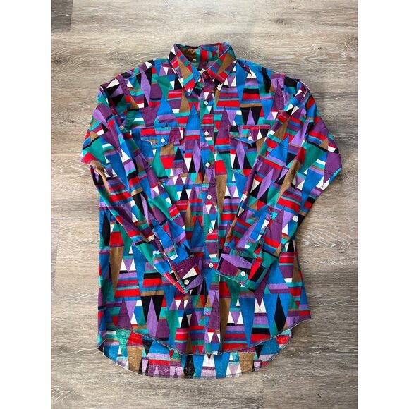 Wrangler Other - Vintage Wrangler Geometric Print Cowboy Cut Western Shirt Vintage Long Tails O3